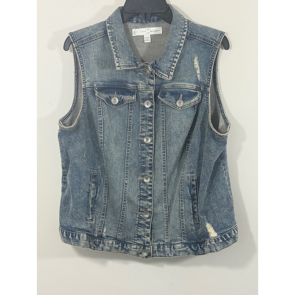 Est 1946 Denim Vest Women's 14/16W Blue Stretch Distressed Western Biker